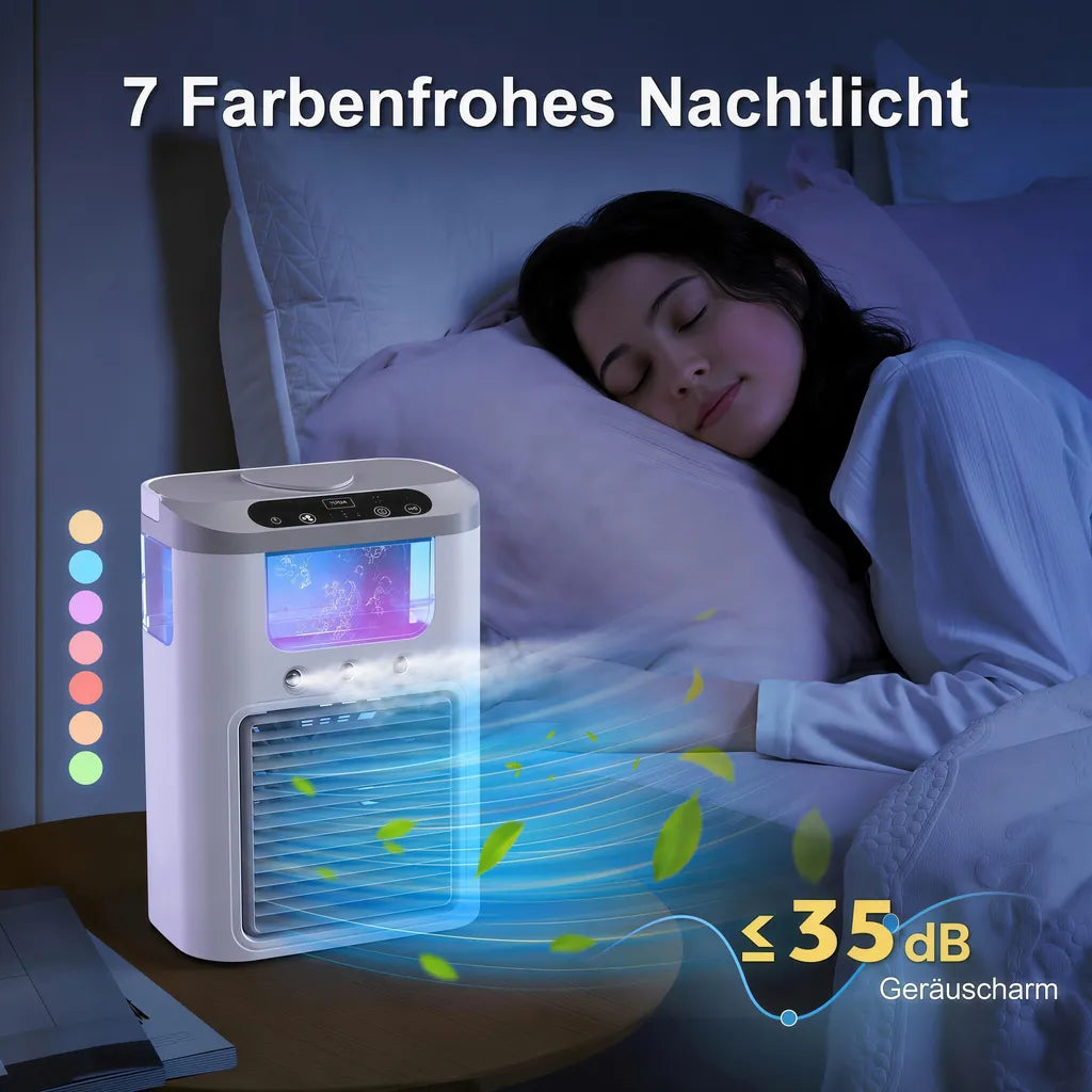 Weiß-grauer Tischluftkühler in einer Nachtszene