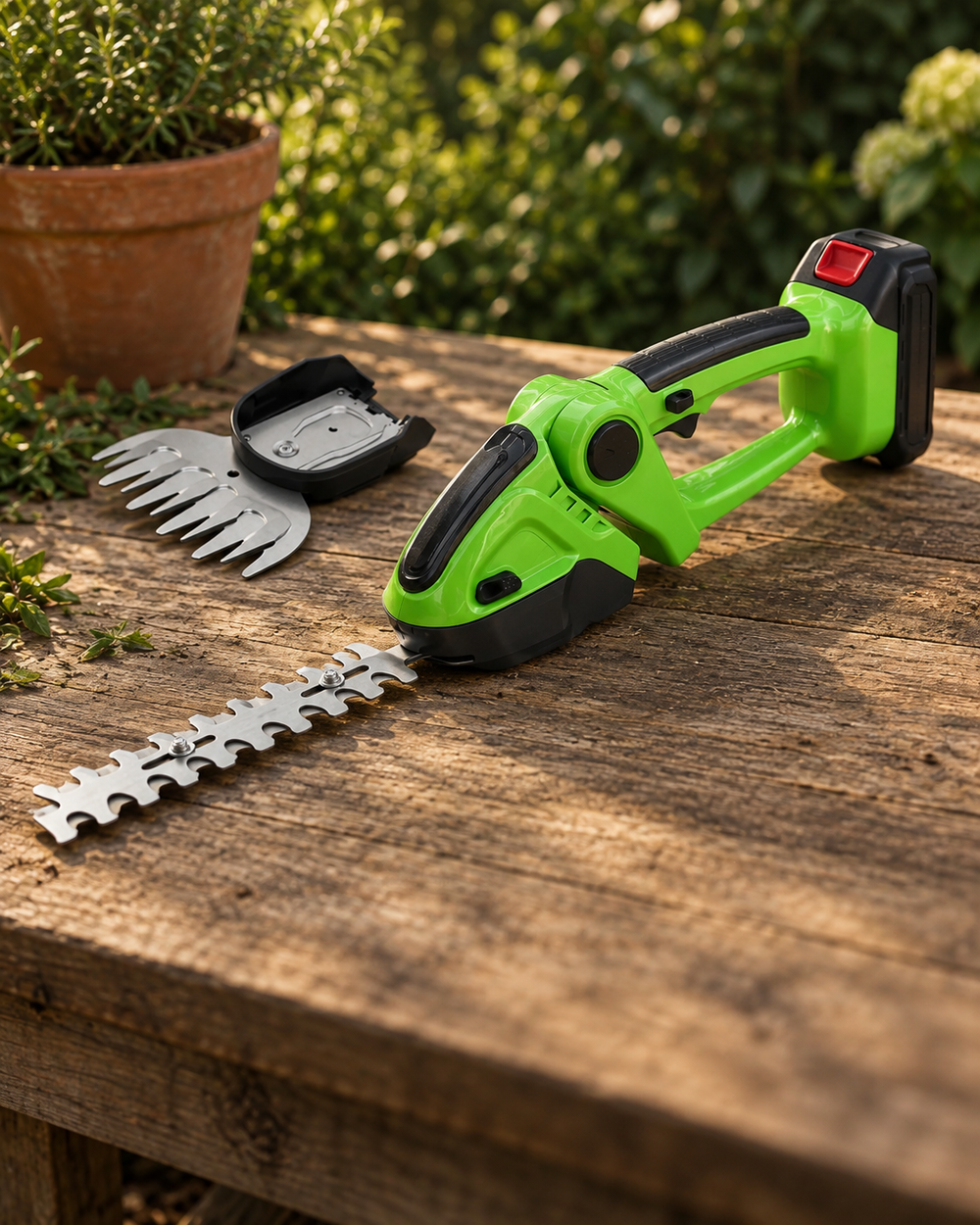 Grüne 2-in-1-Gartenschere mit Wechselkopf auf einer hölzernen Gartenbank