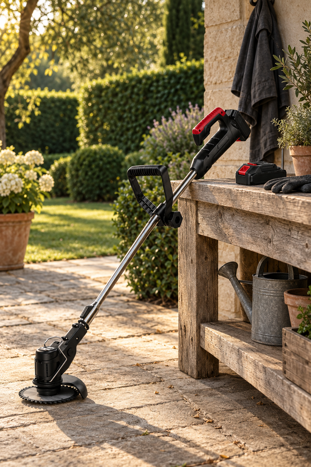 Schwarz-roter Rasentrimmer an einer Gartenwerkbank nach der Arbeit