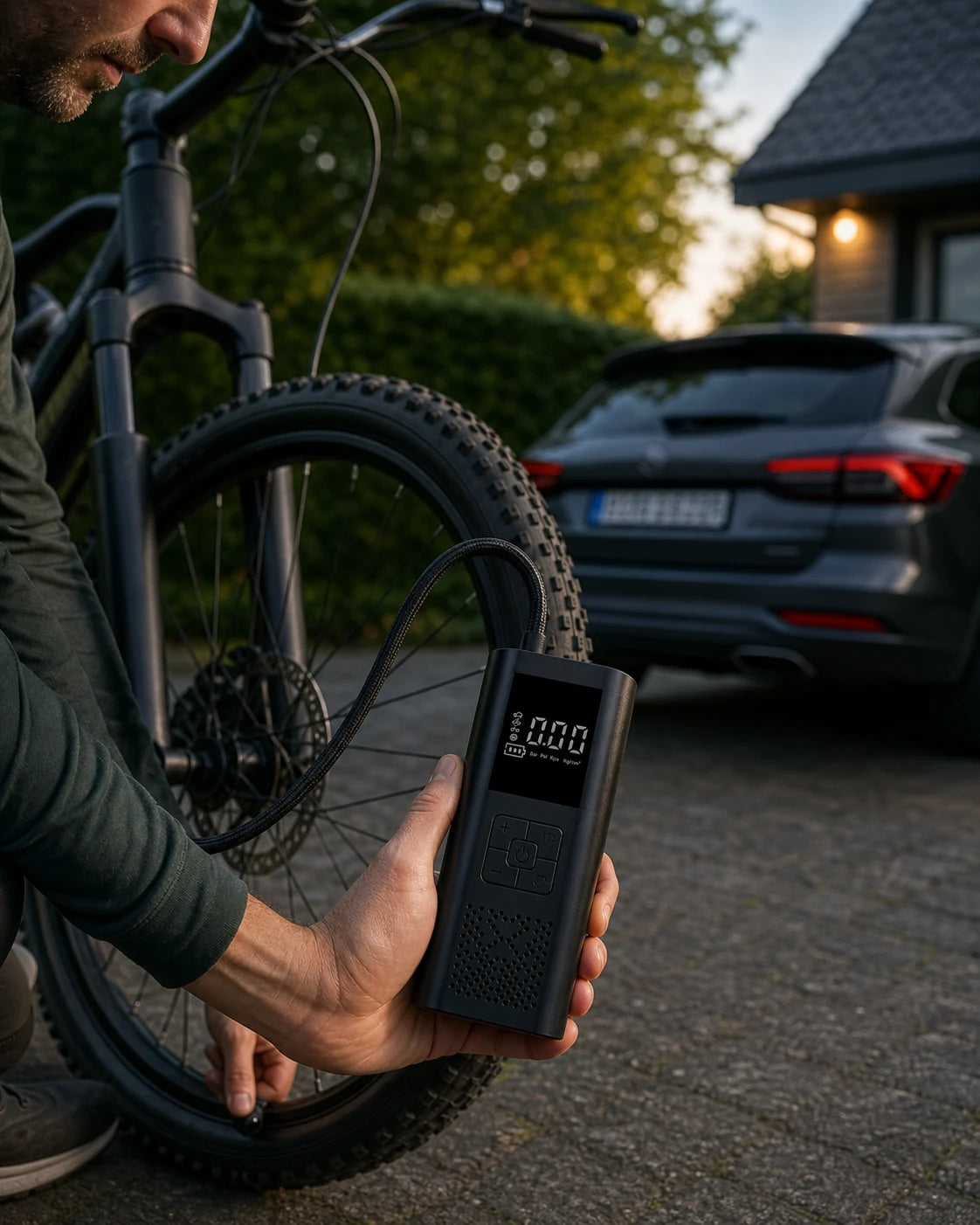 Elektrische Luftpumpe an einem Fahrradreifen
