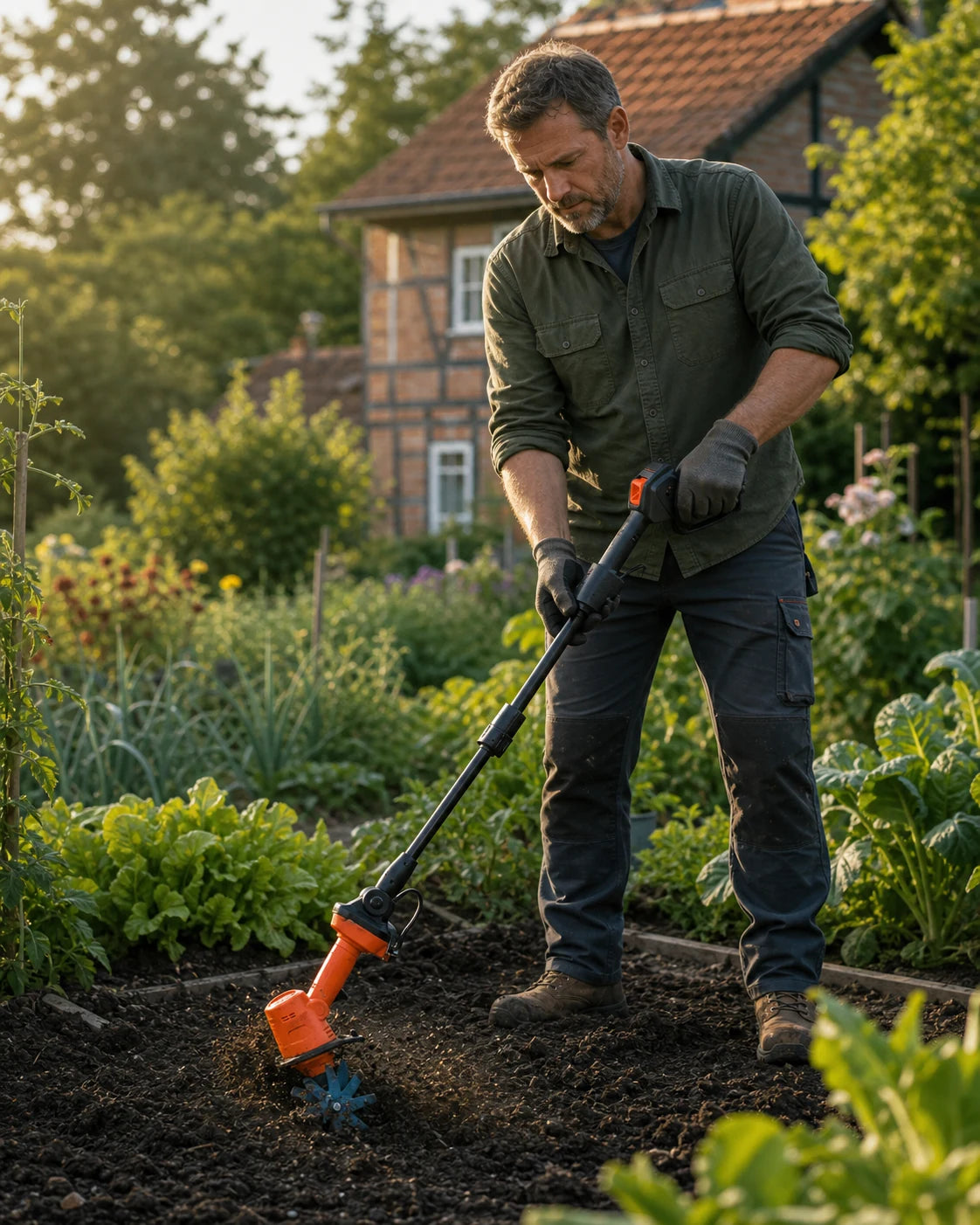 Gartenfräse bei der Bodenbearbeitung
